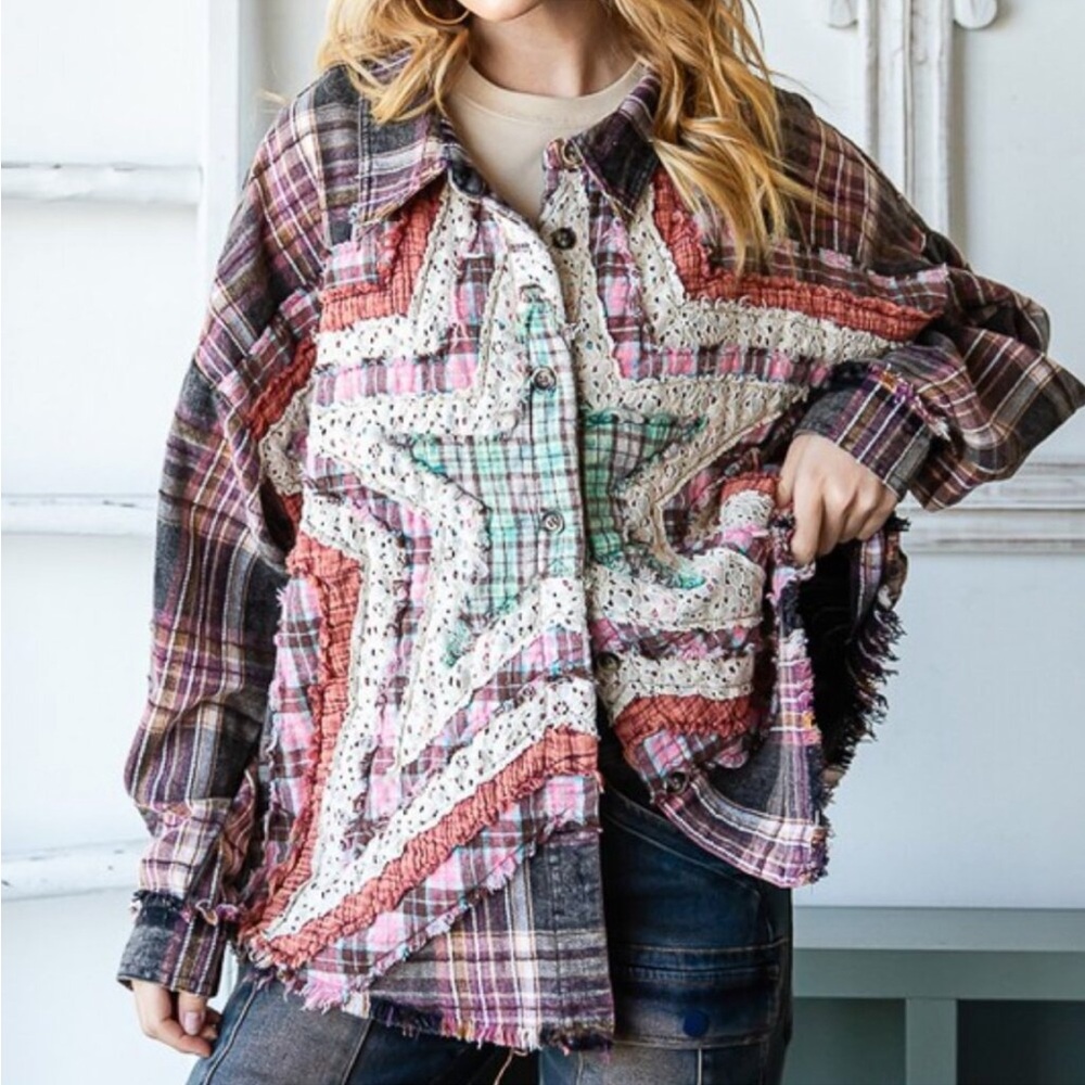 Oli & Hali Star Plaid Patchwork Star shacket lace  button down multicolor pink - Picture 4 of 9